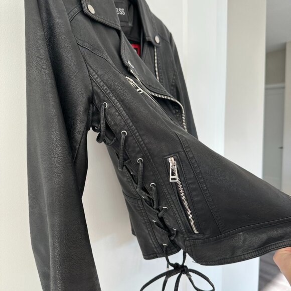 GUESS Faux Leather Lace-Up Jacket, Black Size: Small - Picture 3 of 7